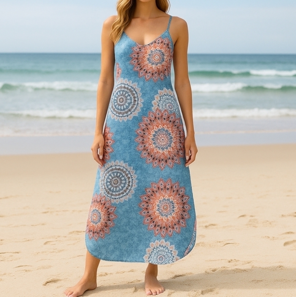 💙 Husk Ary Maxi Dress Slits Adjustable Straps Round Hem Boho Beach 70s